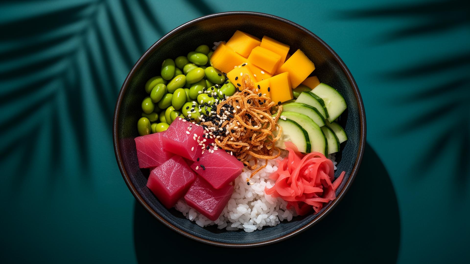 Signature ahi poke bowl with mango, edamame and crispy onions